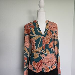 Retro, Funky, DR2 Floral Button-Up Blouse - Orange and Green